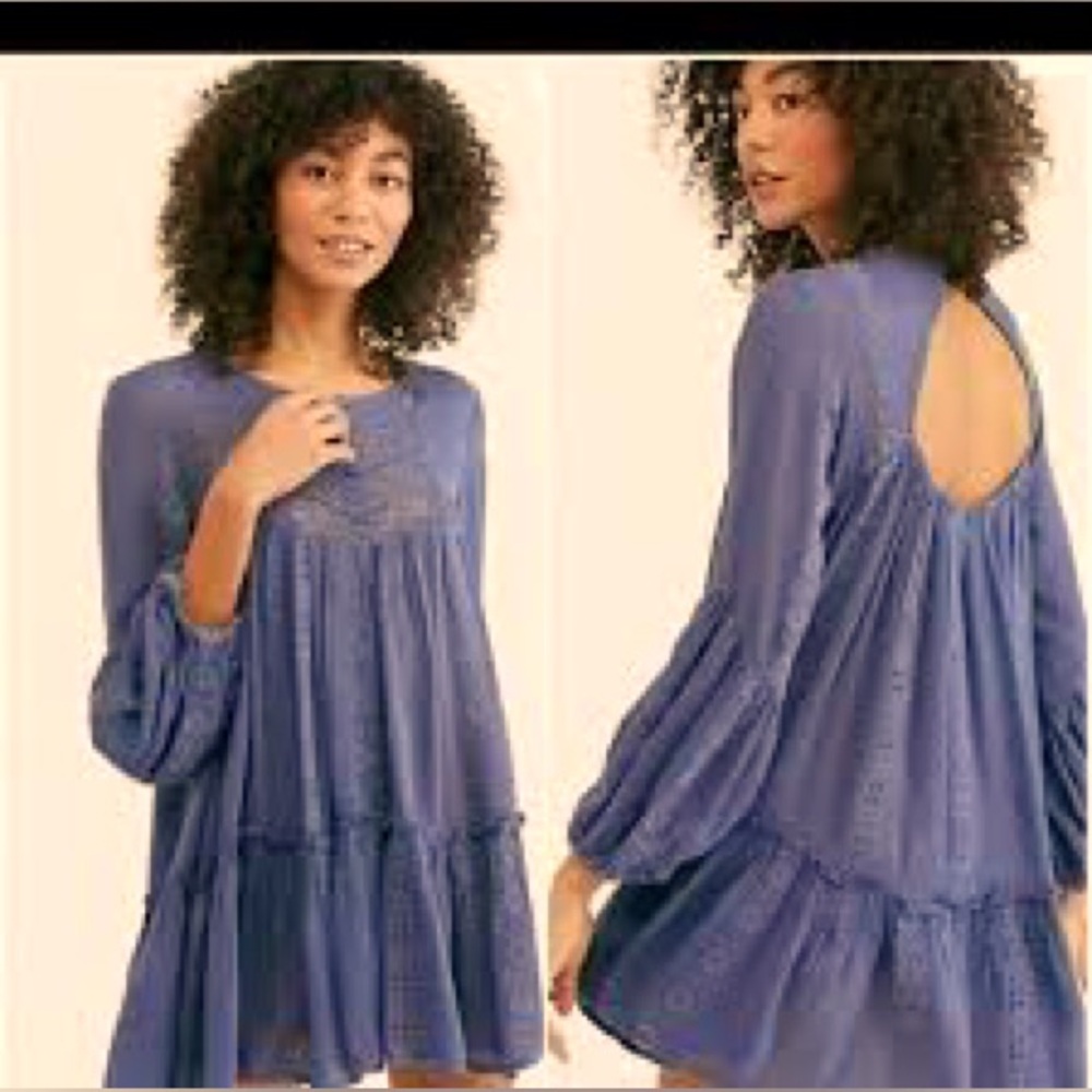 Free People KissKiss Blue Embroidered Lace Tunic Tiered Hem Dress Boho Fairy Y2K - Picture 5 of 5